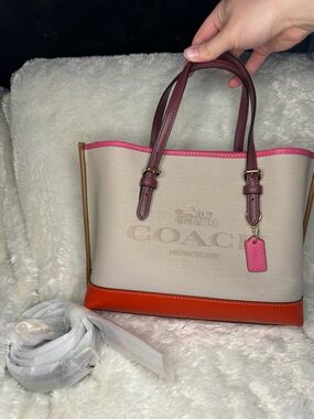 Coach Beige Canvas Tote with Pink Trim and Orange Base